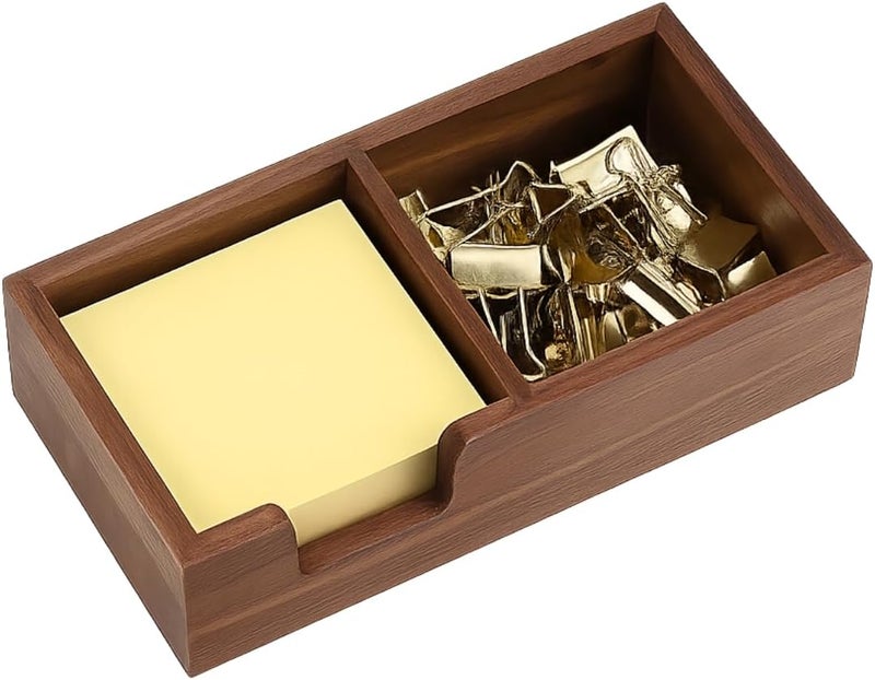MultiBey Walnut Sticky Note Holder for Desk - 2-in-1 Organizer with Paper Clip Tray & 3x3 Post It Dispenser, Wood Self Stick Memo Pad Holder Dispenser Supplies Organizer for Office Home Schools - Image 1